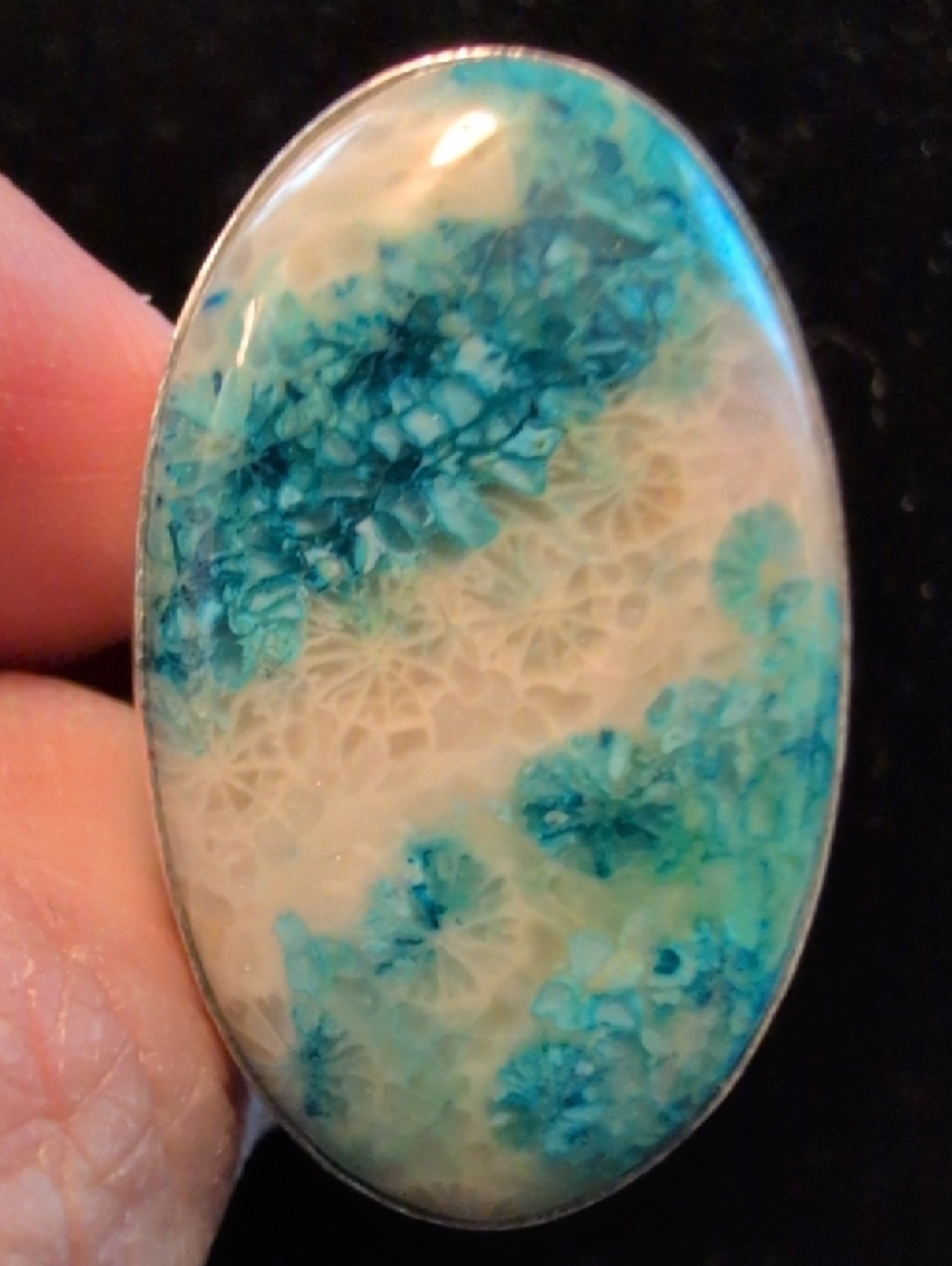 Oval Shaped Blue And White Fossil Coral Ring